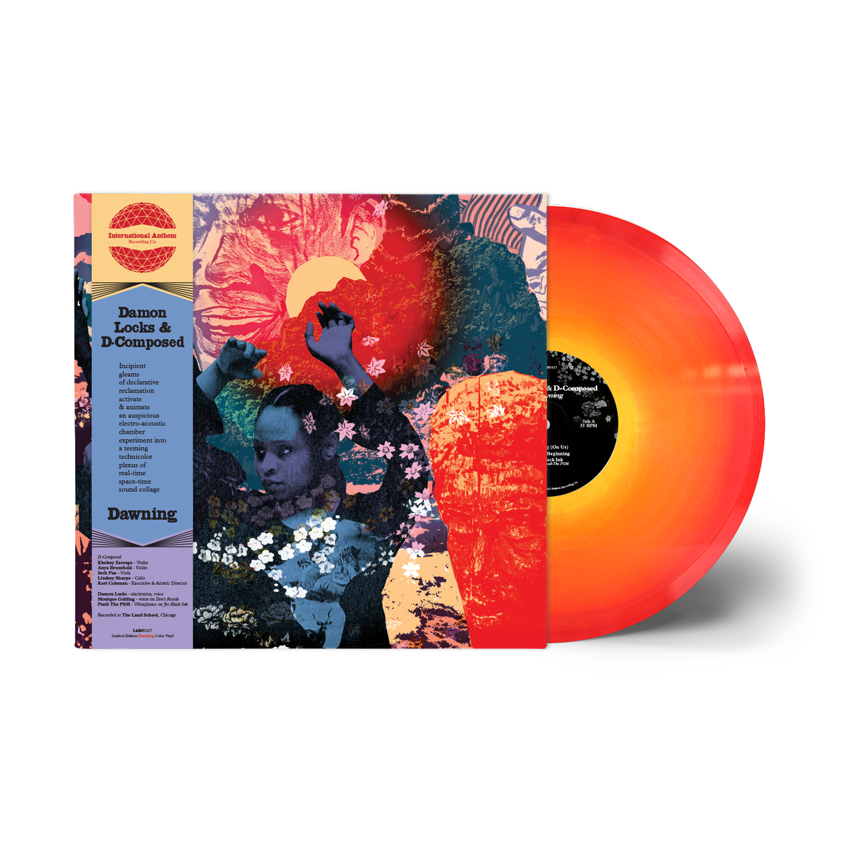 Damon Locks & D-Composed - Dawning Vinyl record album package with a multicolored illustrated cover and a translucent orange-red record partially visible behind it on a light gray background.